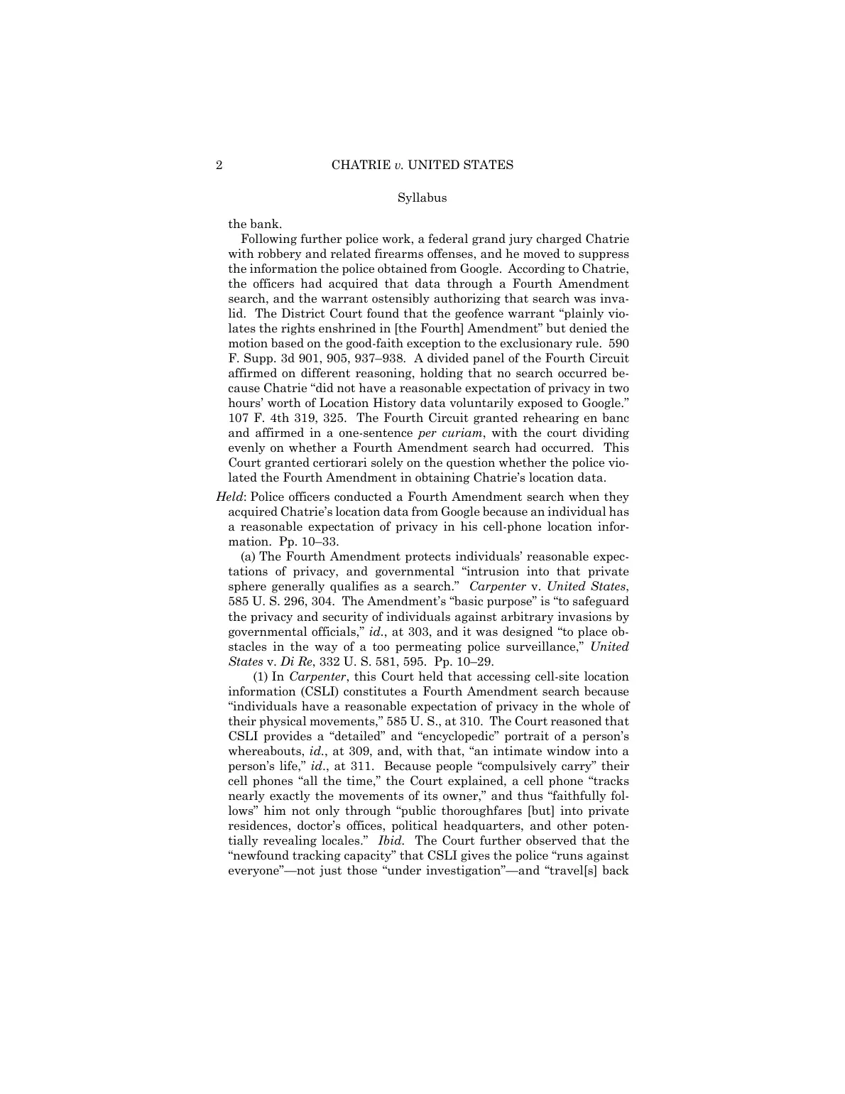 Page from the Supreme Court’s Chatrie opinion stating that police conducted a Fourth Amendment search when they acquired the petitioner’s Google location data.