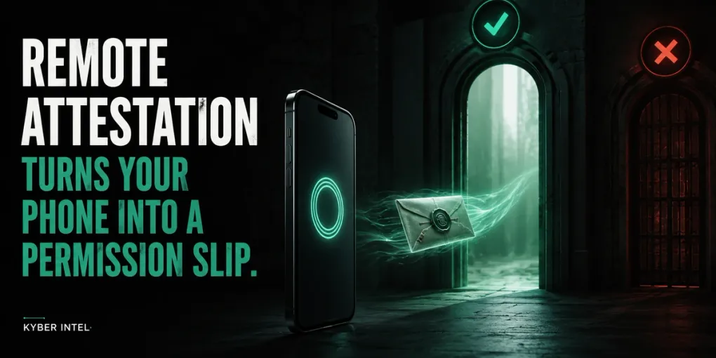 Conceptual editorial illustration of a smartphone sending a sealed attestation token toward two permission gates, one open and one blocked, without depicting a real service or interface.