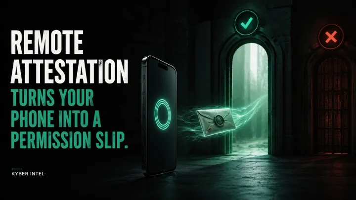 Conceptual editorial illustration of a smartphone sending a sealed attestation token toward two permission gates, one open and one blocked, without depicting a real service or interface.
